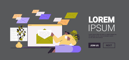 Poster - woman reading or writing letter on laptop screen girl communicating on computer email messaging mail