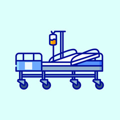 Hospital wheel bed and stand with droppers color icon on light blue background. Modern hospital equipment. Collection of vector icons on the theme of medical tools, drugs and healthcare diagnostics.