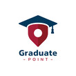 Graduate hat and gps map point logo vector. College, university and institute location logo template design concept.