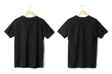 Black T Shirt Mockup Hanging Isolated On White Background With Clipping Path.