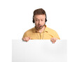 © Pixel-Shot - Handsome consultant of call center with blank poster on white background