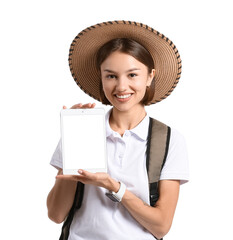 Wall Mural - Female tourist with tablet on white background