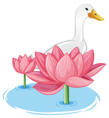 Sticker - A duck behind lotus flower on white background