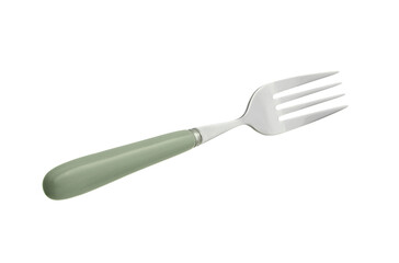 Stylish stainless steel fork on white background