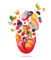 Wall Mural - Various fruits and berries with splashes of juice isolated on a white background