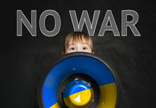 Cute Child Yelling Through A Blue And Yellow Color Megaphone No War!