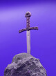 Leinwandbild Motiv Excalibur, the mythical sword in the stone of King Arthur on purple background
