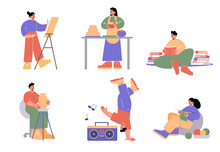 People Doing Different Hobbies, Painting, Cooking, Pottery, Knitting, Dance And Reading Books. Vector Flat Illustration Of Men Make Sculpture, Dancer, Women Drawing, Cook Cake