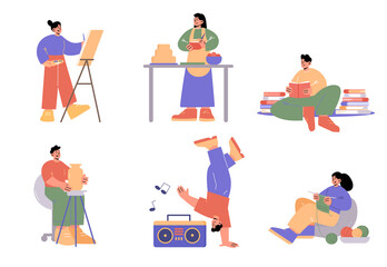 People doing different hobbies, painting, cooking, pottery, knitting, dance and reading books. Vector flat illustration of men make sculpture, dancer, women drawing, cook cake