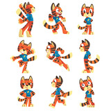 Fototapeta Pokój dzieciecy - Striped Tiger Character with Orange Fur Wearing Sweatshirt Standing and Running Vector Set