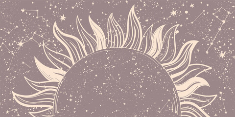 Wall Mural - Astrological banner with sun rays and constellations, mystical boho design, tarot background for text. Vector hand drawn illustration, magical natal chart for predicting the future.
