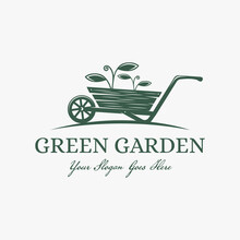 Vintage Simple Badge, Label, Seal, Garden Logo, Gardening Equipment Vector, With Wood Wheelbarrow And Growing Plant Concept