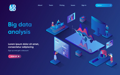 Fototapete - Big data analysis concept 3d isometric web landing page. People making financial reports and market research, studying statistics on charts and graphs. Vector illustration for web template design