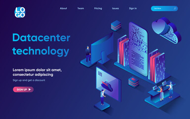 Fototapete - Datacenter technology concept 3d isometric web landing page. People analyze big data and work with cloud technologies, access and processing of statistics. Vector illustration for web template design