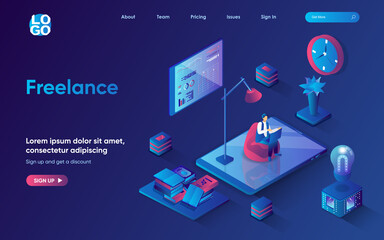 Aufkleber - Freelance concept 3d isometric web landing page. People work on laptop remotely, perform work tasks online, analyze data and generate ideas in home office. Vector illustration for web template design