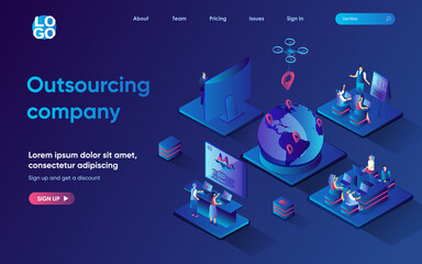 Aufkleber - Outsourcing company concept 3d isometric web landing page. People work remotely from home in international company, perform tasks and communicate online. Vector illustration for web template design