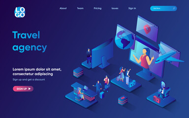 Aufkleber - Travel agency concept 3d isometric web landing page. People with luggage choose vacation tour, buy plane tickets, booking hotel and travel around world. Vector illustration for web template design
