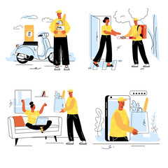 Poster - food delivery concept set in flat line design. men couriers delivering packages and bags of grocerie