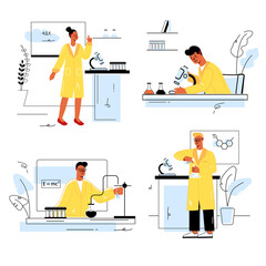 Poster - Science laboratory concept set in flat line design. Men and women scientists making research, tests and experiments using laboratory equipment. Vector illustration with outline colorful web scenes