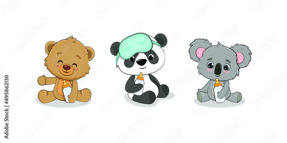 Teddy bear, baby panda and koala cub with milk bottle. Set of cartoon ...
