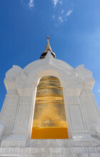 Gold Painted Chedi At Wat Suan Dok, White Stone Archway And Tall Tapered Tower. 