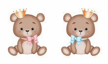 Cute Little Teddy Bear With Crown And Ribbon. Watercolor Style Vector Design