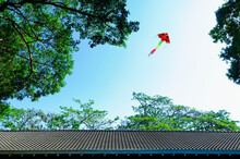 Colorful Kite Flying Over Traditional Chinese Roof.