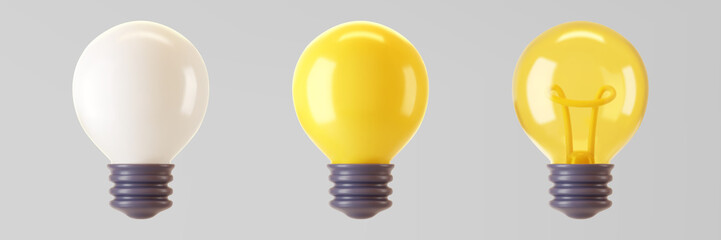 3d light bulb icon set isolated on gray background. Render cartoon style minimal yellow, white, transparent glass light bulb. Creativity idea, business success, strategy concept. 3d realistic vector.