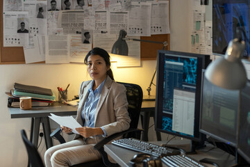 Aufkleber - Young serious Hispanic female security department staff with documents looking at camera while sitting in armchair by workplace