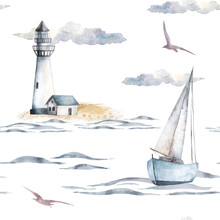 Watercolor Nautical Seamless Pattern With Lighthouse, Sailing Ship, Waves, Seagulls, Clouds. Sea Life. Nautical Background For Children's Print, Fabric, Textile