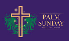 Palm Sunday, Hosana To The King - Gold Cross Crucifix Sign On Green Plam Leaves And Star Light Around On Purple Background Vector Design