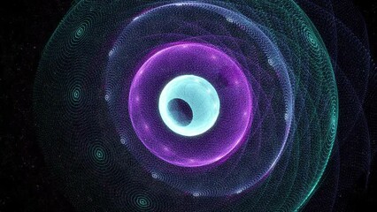 Wall Mural - spherical pattern of glowing particles orbits on black background then fades to black