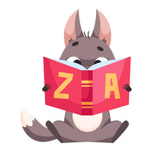 Focused Wolf Reading Book Cartoon Vector Illustration. Pretty Mammal Sitting, Holding Textbook, Learning Alphabet And Studying. Wildlife Animal, Predator, Education Concept