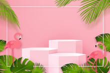 3 Step Podium Mock Up For Products Display In Pink Tropical Summer Theme