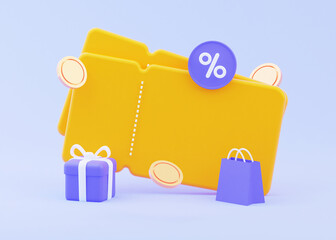 Wall Mural - A bright yellow coupon with a gift and scattered coins. Sale by online promo code. Also use empty space for different prices. 3D rendering