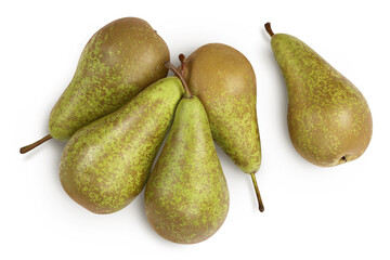 Green conference pear isolated on white background with clipping path and full depth of field. Top view. Flat lay