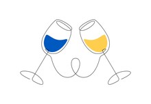 Cheering Glasses Of Wine One Line Drawing. Continuous Line Art Of Two Glasses For Logo, Minimalist Tattoo Ukraine Colors. Vector Illustration