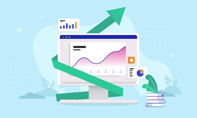 Leinwandbilder - Computer with rising graph and green arrow pointing up towards digital growth. Vector illustration with blue background