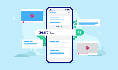 Poster - Search engine on phone screen - Vector illustration of smartphone with internet search and results popping out. Finding information online concept.
