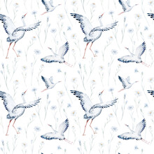 Watercolor Wildflowers Seamless Pattern With Storks Poppy, Cornflower Chamomile, Rye And Wheat Spikelets Background. Baby Shower Nursery Design