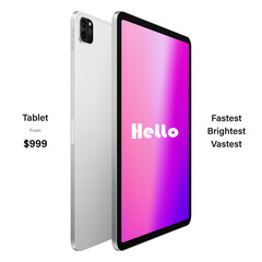 Poster - tablet silver color with colored touch screen saver and backside view isolated on white background. mockup of realistic and detailed device. vector 3d isometric illustration