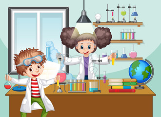 Wall Mural - classroom scene with scientist doing experiment