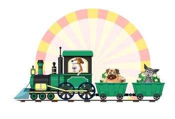 Wall Mural - Cartoon domestic dogs on toy train