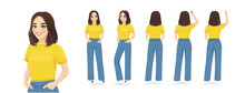 Back Ans Side View Of Standing Young Beautiful Brunette Woman Set. Rear View Of Girl Isolated Vector Illustration