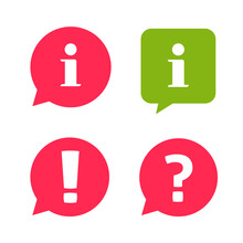 Info Inform Icons With Question Ask Information, Warning Alert Important Exclamation Message Symbol, Caution Error Notice Pictogram, Faq Help Desk Mark Note In Bubble Speech Isolated Flat
