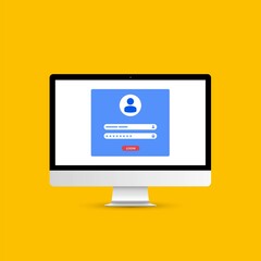Poster - computer with authorization on the screen, login and password of the user, vector illustration