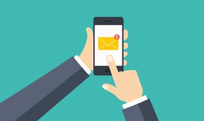 Poster - Smartphone with new message. Phone and envelope on screen. Flat style vector.