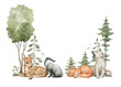 Watercolor composition with forest animals and natural elements. Deer, badger, wolf, fox, green trees, pine, fir, flowers. Woodland creatures in the wild. Illustration for nursery, wallpaper