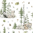 Watercolor seamless pattern with forest animals and natural elements. Wolf, badger, hare, green trees, pine, fir, flowers. Woodland creatures in the wild. Illustration for nursery, wallpaper