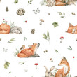 Watercolor seamless pattern with forest animals and natural elements. Fox, hedgehog, rabbit, plant, leaf, flowers. Woodland creatures in the wild. Illustration for nursery, wallpaper